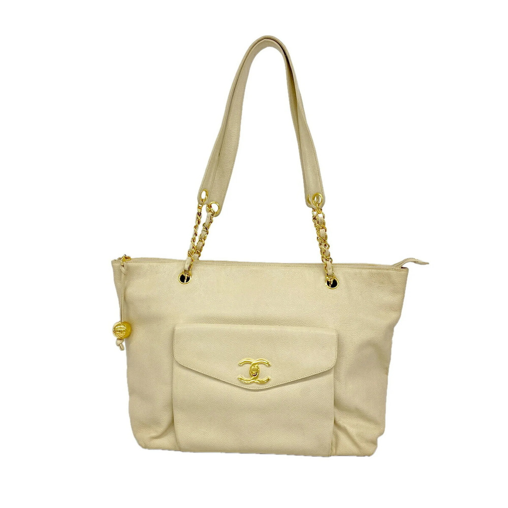 Chanel Tote Bag/Chain Tote, Caviar Leather, Beige, Women's